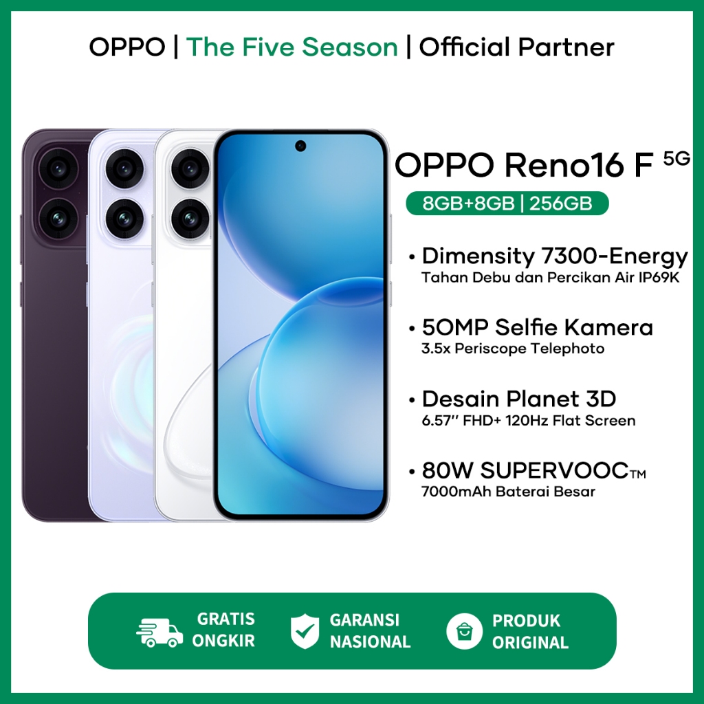 Jual OPPO Reno16 F 5G (8/128)(8/256) Kamera Selfie 50MP Ultra-Wide - Garansi Resmi OPPO Indonesia | Shopee Indonesia