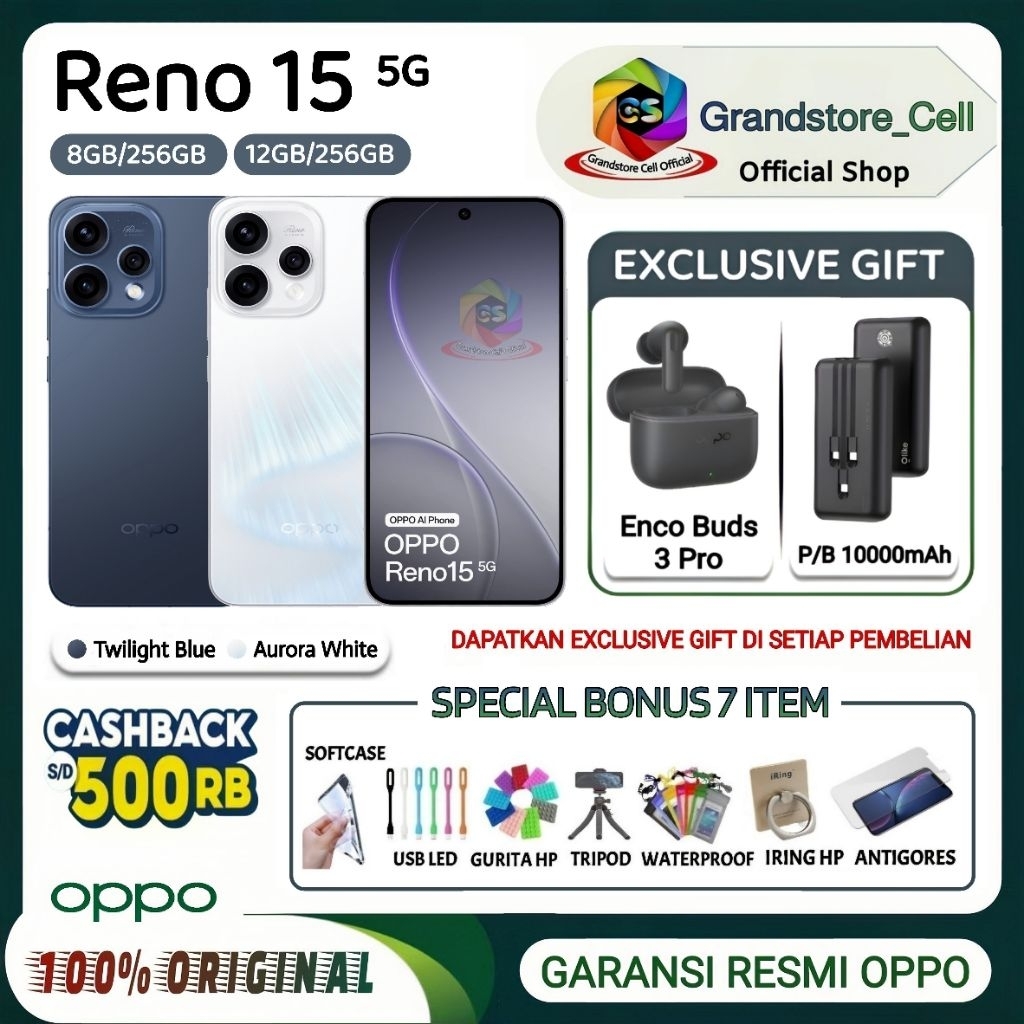 Jual OPPO RENO 15 5G [8/256 GB] [12/256 GB] - Snapdragon 7 Gen 4, 50MP Camera, 6500mAh 80W | GARANSI RESMI OPPO INDONESIA - Reno15 5G | Shopee Indonesia