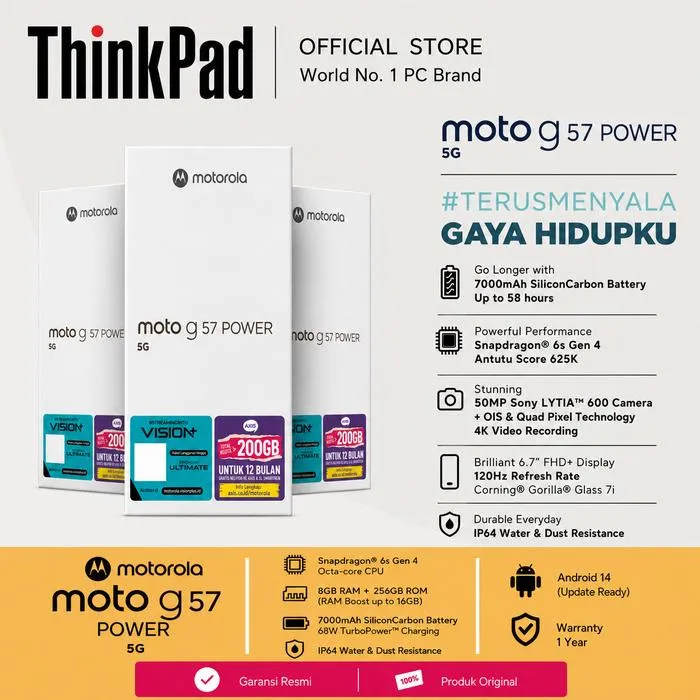 Motorola G57 Power 5G RAM 8GB/256GB Snapdragon6s Gen4 Antutu 625K 7000mAh SiliconCarbon - Regatta, Non Bundling | Lazada Indonesia