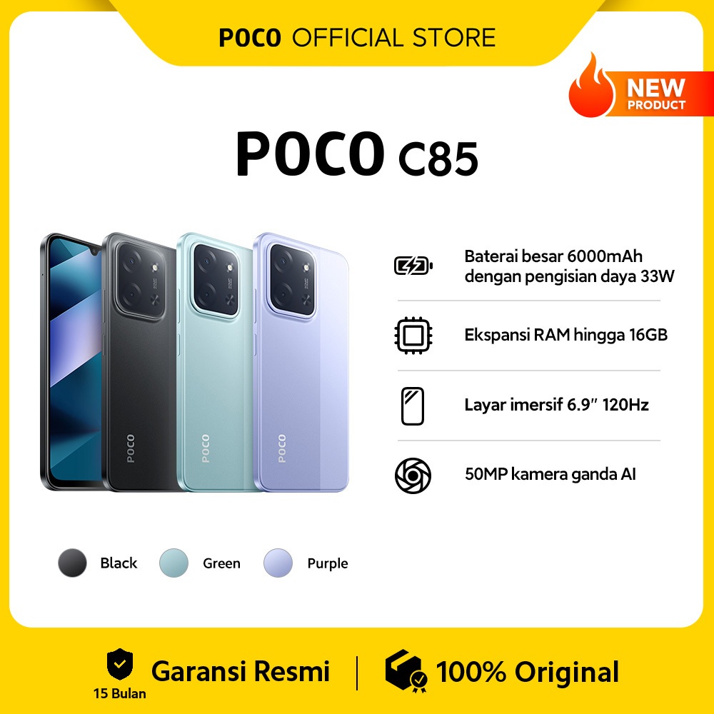 Jual POCO C85 (6/128 GB) (8/256 GB) Baterai besar 6000mAh dengan pengisian daya 33W | Ekspansi RAM hingga 16GB | Layar imersif 6.9" 120Hz | 50MP kamera ganda AI [Official Store] | Shopee Indonesia