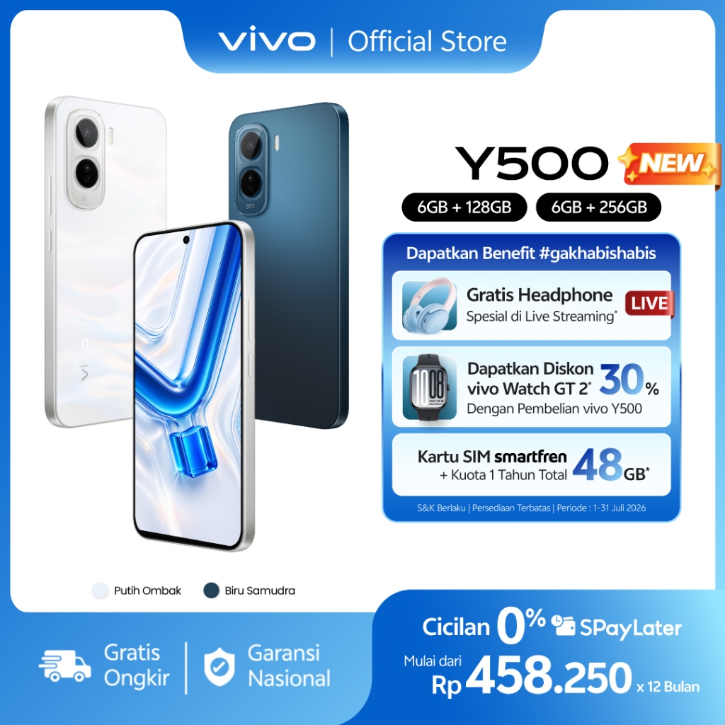 Jual [NEW LAUNCH] vivo Y500 (6+128 dan 6+256) Baterai 8100mAh Ultra Nonstop, Layar 1.5K AMOLED Borderless, 32MP Wide Selfie + 50MP Sony Kamera, 3K Vapor Chamber Cooling, IP68/69 Tahan Air Ekstrem | Shopee Indonesia