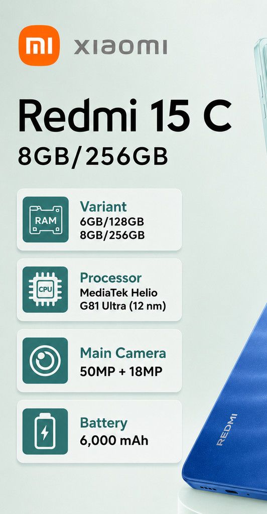 Xiaomi Redmi 15C 8GB+256GB Smartphone dengan 6.9" Gaming Display, 50MP AI Kamera, Caj Pantas 33W & Pecutan Permainan