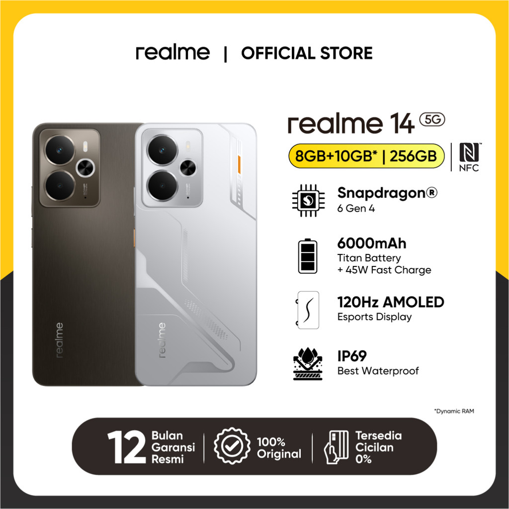 Jual realme 14 5G 8GB+10GB|256GB (Snapdragon® 6 Gen 4 | 6000mAh Titan Battery | 45W Fast Charge | Bionic Cooling System | NFC) | Shopee Indonesia