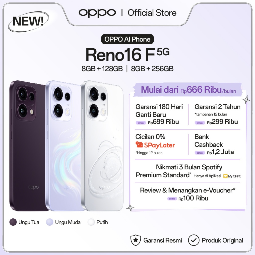 Jual [NEW] OPPO Reno16 F 5G 8GB+128/256GB [3D Pop Planet Design, AI Remix Collage, 50MP Ultra-wide Selfie Camera] | Shopee Indonesia