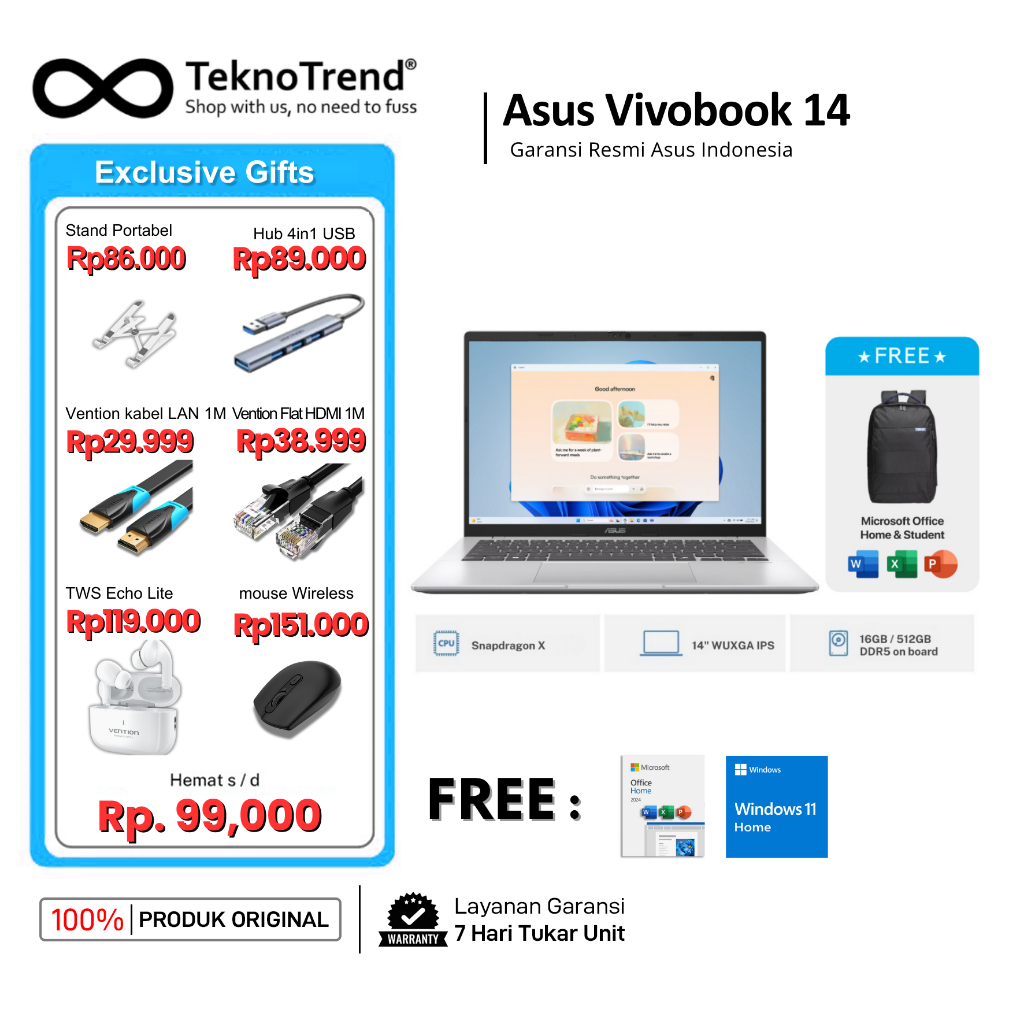 Jual ASUS Vivobook 14 A1407QA Snapdragon X1 16GB/512GB 14" WUXGA IPS Win11 Garansi Resmi | Shopee Indonesia