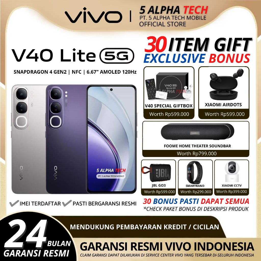 Jual Vivo V40 Lite 5G 8/256GB NFC ( +8GB Extended Ram ) Garansi Resmi Vivo | Shopee Indonesia