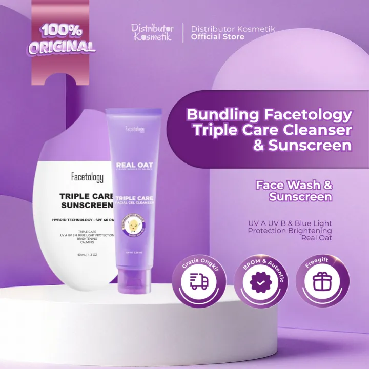 [ AGEN RESMI ] ( Bundling ) FACETOLOGY Triple Care Sunscreen & Facial Gel Cleanser SPF 40 PA++ Original BPOM