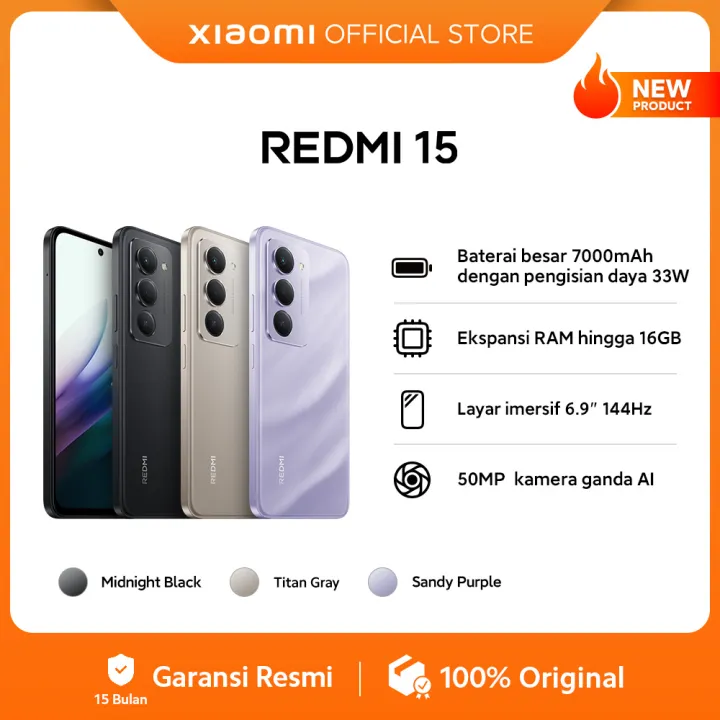 Xiaomi Redmi 15 (8GB/128GB) (8GB/256GB) Baterai besar 7000mAh dengan pengisian daya 33W | Ekspansi RAM hingga 16GB | Layar imersif 6.9" 144Hz | 50MP kamera ganda AI [Official Store] | Lazada Indonesia