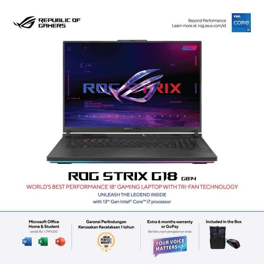 Jual Asus ROG Strix G18 (G814) (13th Gen Intel® Core™ i7-13650HX/DDR5 16GB/1TB SSD/Windows 11 Home/NVIDIA® GeForce RTX™ 4060 Laptop GPU) - Eclipse Gray/G814JV-I746C6G-O | Shopee Indonesia