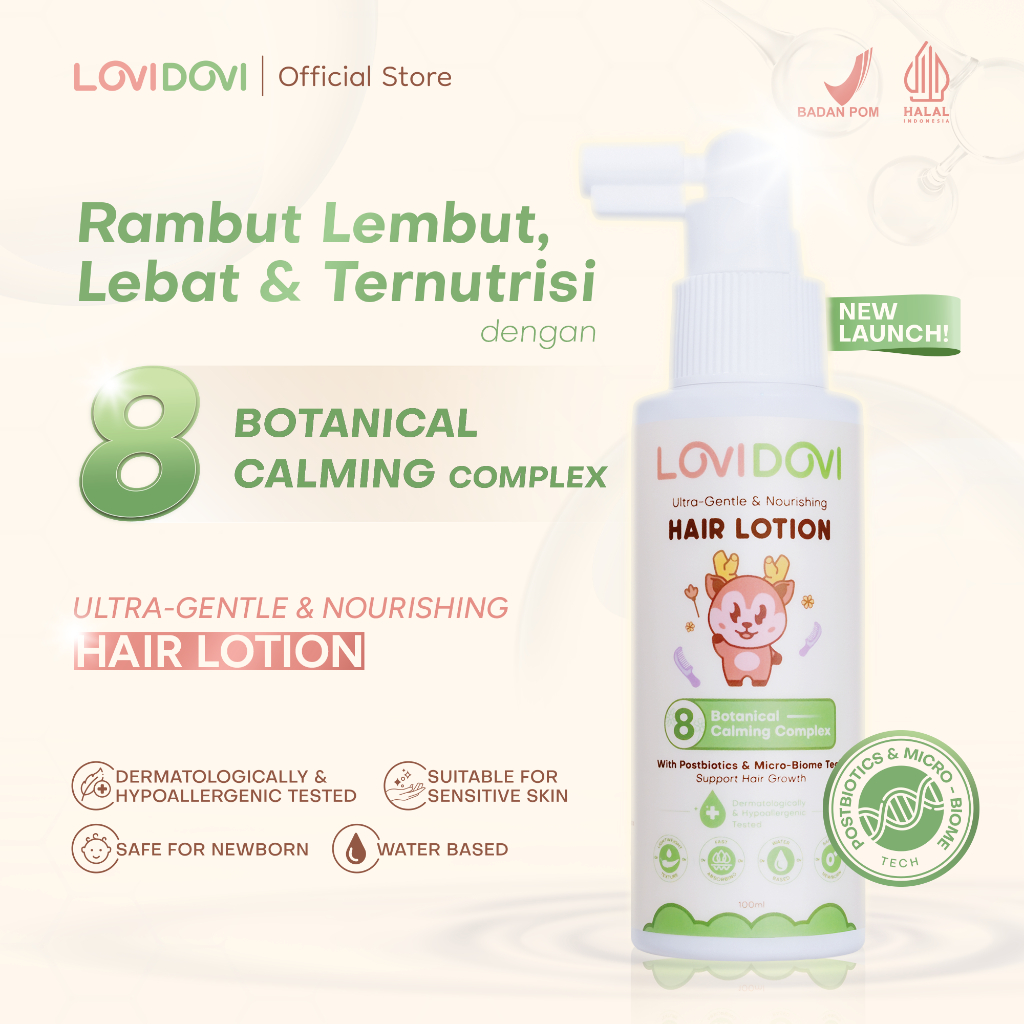 Jual Lovi Dovi Hair Lotion 100ml - Kemiri, Pro Vitamin B5, Aloe Vera, Argania Oil, Chamomile, - Postbiotics & Micro-biome tech - Rambut lembut, lebat, dan ternutrisi - aman untuk kulit sensitif dan newborn | Shopee Indonesia