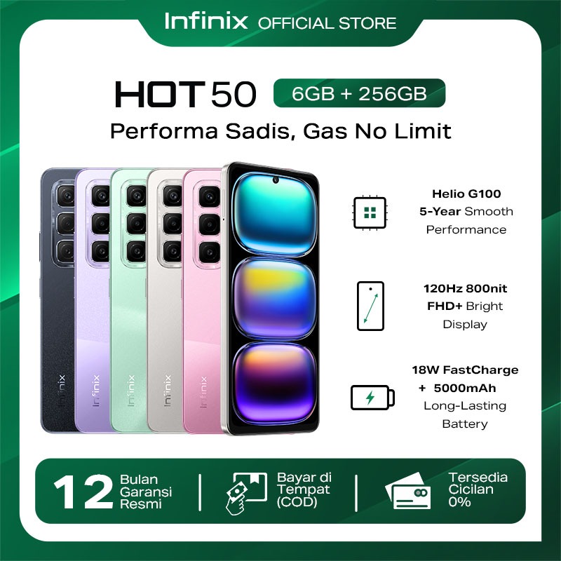Jual Infinix Hot 50 6/256GB - Up to 12GB Extended RAM - Helio G100 - 6.78 inch 120Hz FHD+ - 50MP - 5000 mAh - NFC | Shopee Indonesia