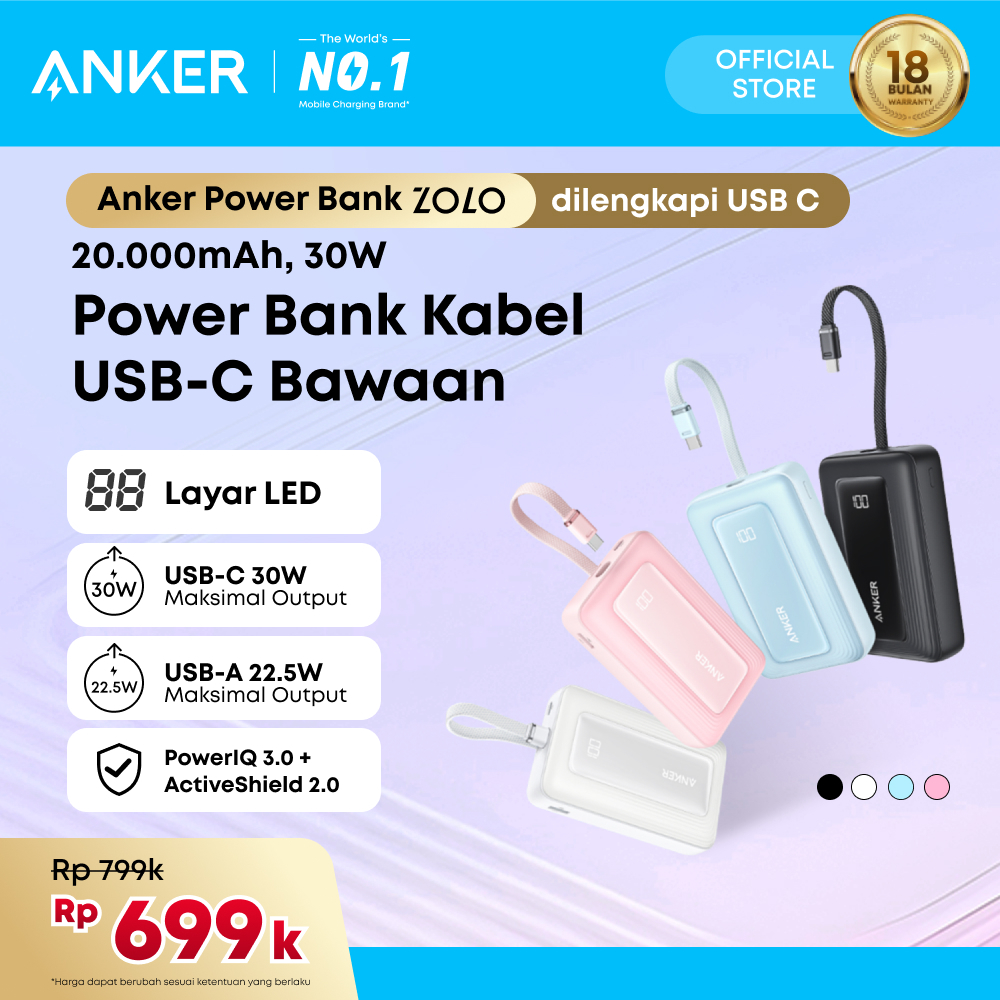 Jual Anker Zolo Power Bank 20000mAH 30W With Cable Type C Fast Charging PD 3.0- A1689 | Shopee Indonesia