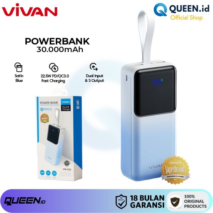 VIVAN VPB-D30 Power bank 30000mAh 22.5W QC PD LED TYPE C 3 Port Fast | Lazada Indonesia