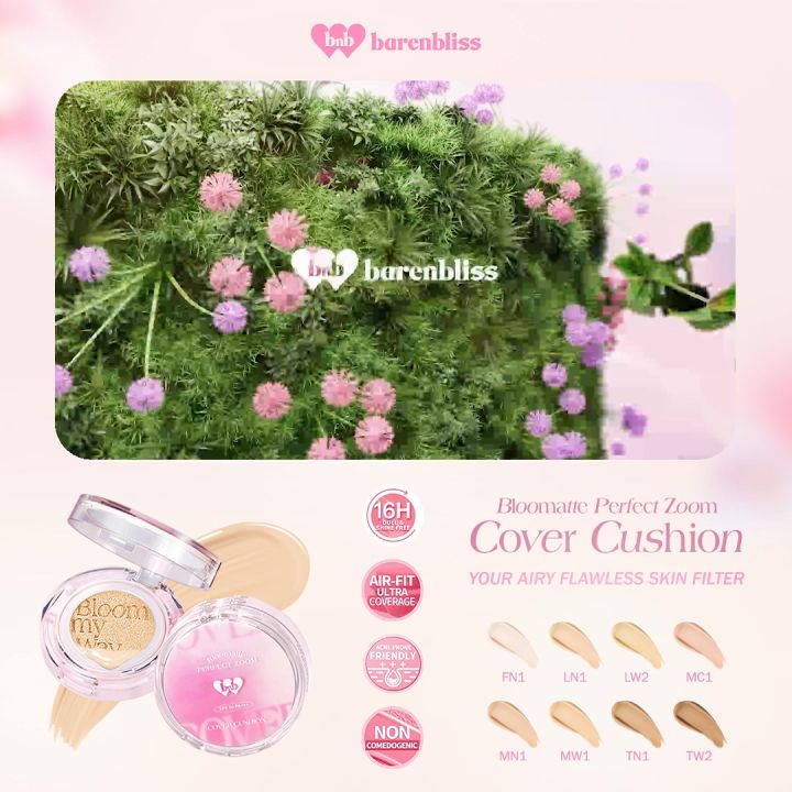 BNB Barenbliss Bloomatte Perfect Zoom Cover Cushion 15g SPF 50+ PA+++ Air-Fit High CoverageMatte Full Coverage Ringan Tahan Hingga 16 jam Non Comedogenic Kosmetik Wajah Cushion Foundation Skin Tint Concealer bnb official store
