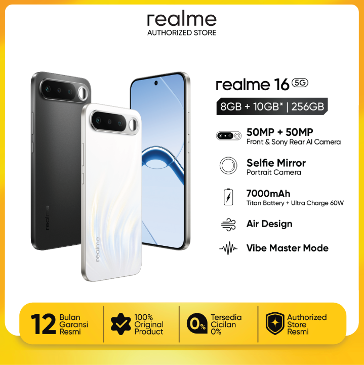 realme 16 5G 8GB+10GB*|256GB (Air design | 50MP Front & Sony Rear AI Cameras | Selfie Mirror | 7000mAh Titan Battery + 60W Ultra Charge | AI Instant Clip) | Lazada Indonesia