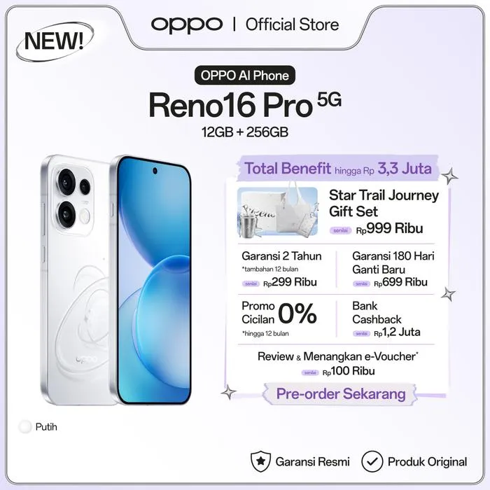DISKON PROMO [NEW] OPPO Reno16 Pro 5G 12GB+256GB (Garansi Resmi) - Putih | Lazada Indonesia