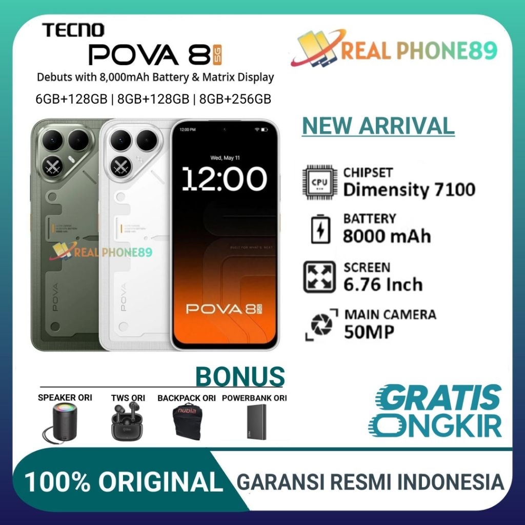 Jual TECNO POVA 8 5G 6+128GB | 8+128GB | 8+256GB | 8000 mAh,Triple Chipsets,Son's 50MP GARANSI RESMI TECNO INDONESIA | Shopee Indonesia