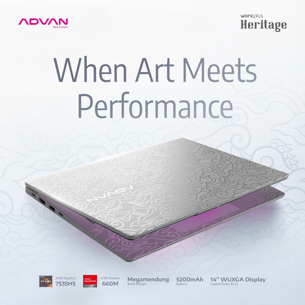 Jual ADVAN Laptop Workplus Heritage Ryzen 5 7535HS RAM 8GB NVMe 512GB Desain Batik Megamendung Awan 14 inch IPS Full HD Plus WUXGA 1920x1200 Windows 11 Garansi Resmi 1 Tahun | Shopee Indonesia