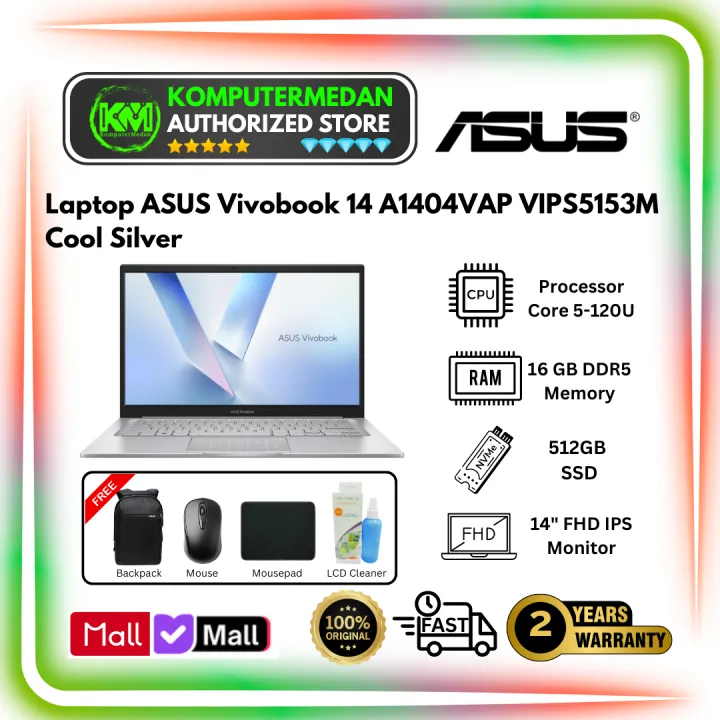Laptop ASUS Vivobook 14 A1404VAP VIPS5153M Intel Core 5-120U RAM 16GB SSD 512GB 14″ FHD Win 11 Home + OHM 2024 + M365 Cool Silver | Lazada Indonesia