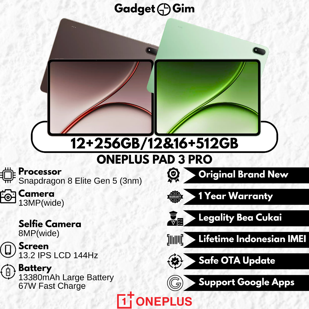Jual Oneplus Pad 3 Pro Tablet 13.2 Inch Snapdragon 8 Elite Gen 5 144Hz 13380mAh 67W BNIB Bergaransi Original | Shopee Indonesia