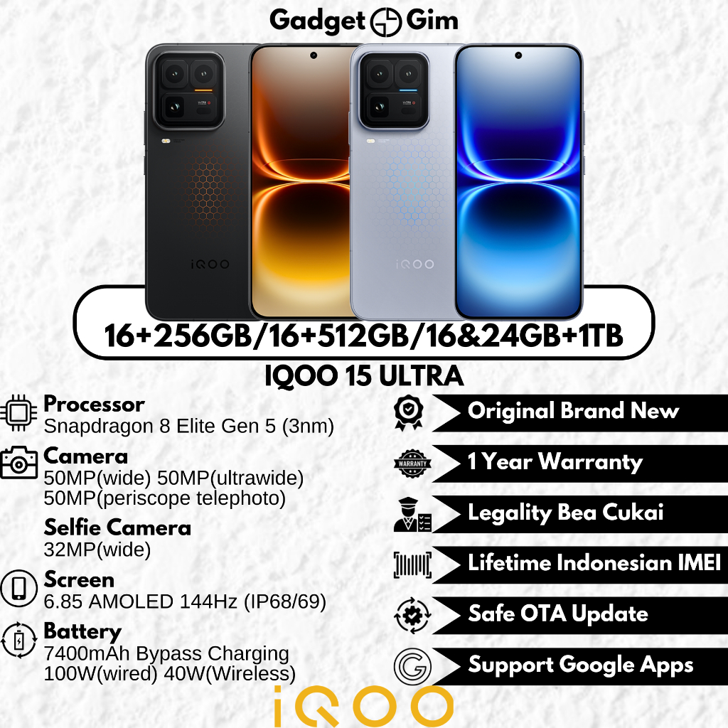 Jual IQOO 15 Ultra 5G 24GB 1TB Snapdragon 8 Elite Gen 5 144Hz 7400mAh 100W IP68/69 BNIB Garansi Original | Shopee Indonesia