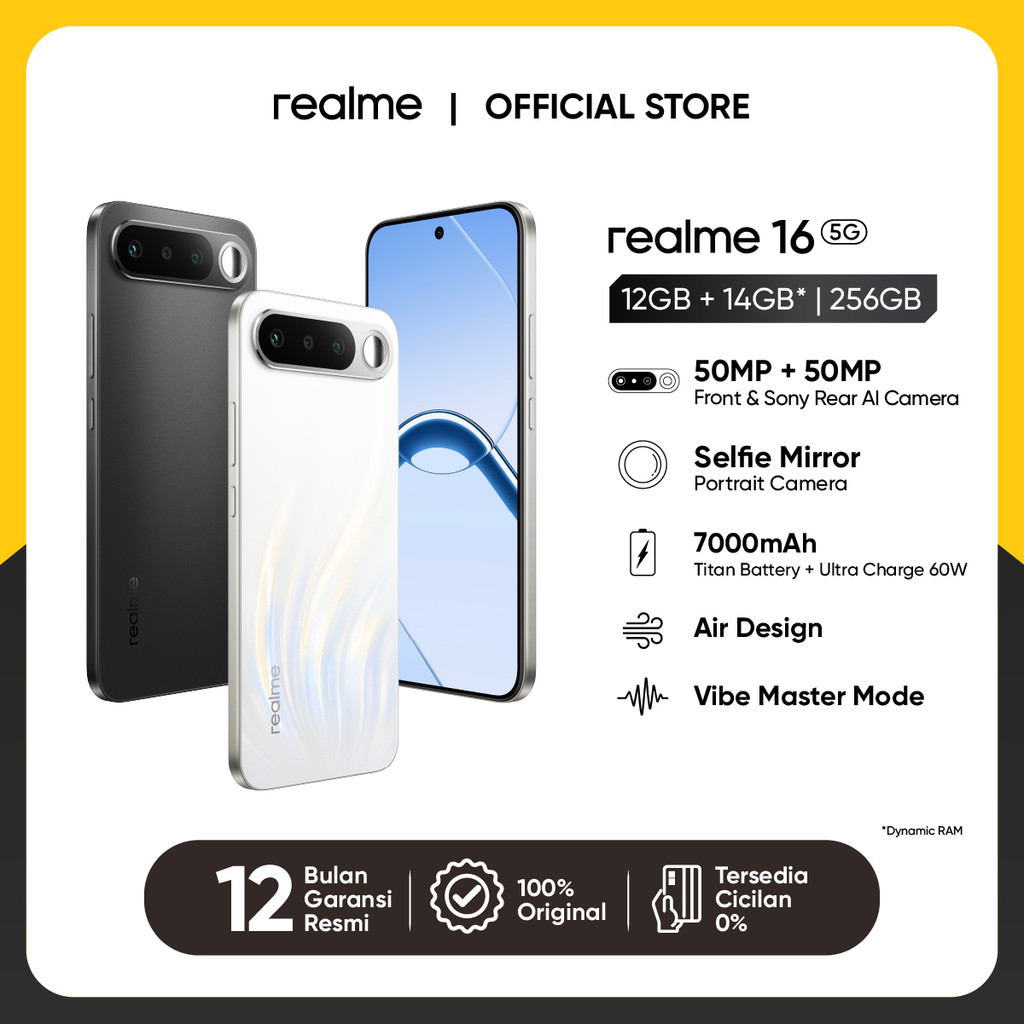 Jual realme 16 5G 12GB+14GB*|256GB (Air design | 50MP Front & Sony Rear AI Cameras | Selfie Mirror | 7000mAh Titan Battery + 60W Ultra Charge | AI Instant Clip) | Shopee Indonesia