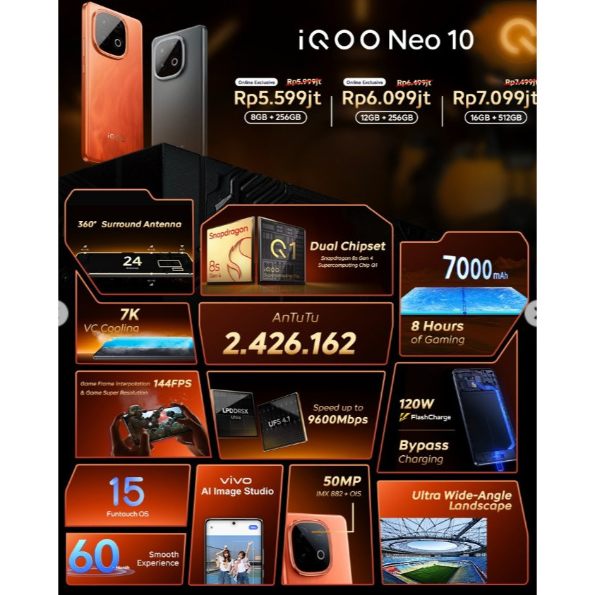 Jual NEW IQOO NEO 10 5G RAM 8/256 12/256 16/512 GB GARANSI RESMI 7000mAh 120W 13 14 12 11 z10 pro ultra plus | Shopee Indonesia
