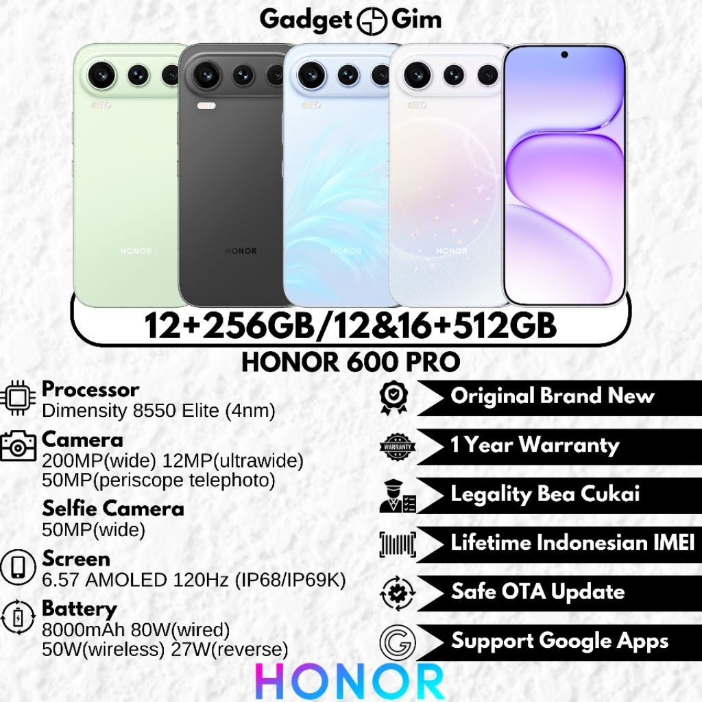 Jual Honor 600 Pro 5G 16GB 512GB Dimensity 8550 Elite 200MP 120Hz 8000mAh 80W IP68/69K BNIB Bergaransi Original | Shopee Indonesia