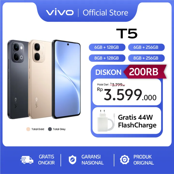 vivo T5 - 7200 mAH + 44W FlashCharge, 32MP Front Camera, Origin OS + vivo AI, IP68/69/69+ | Lazada Indonesia