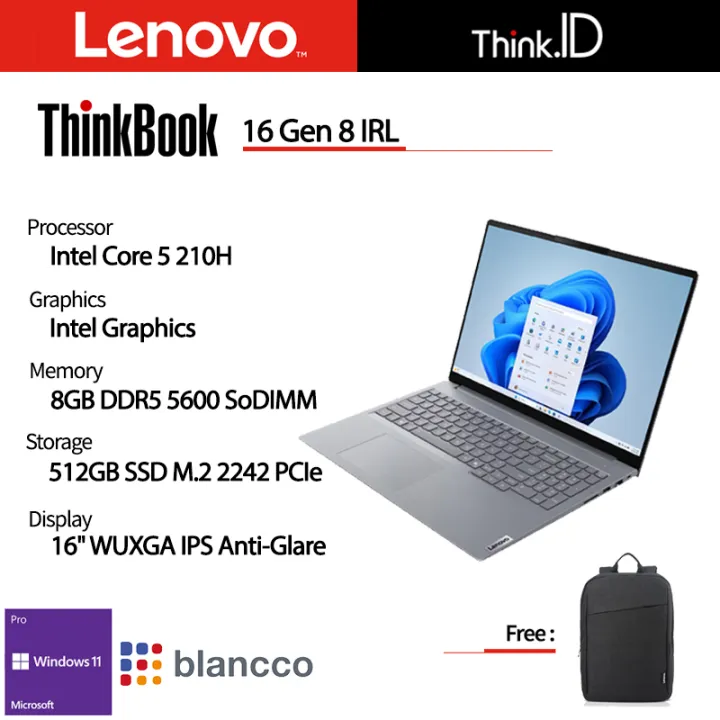 Lenovo ThinkBook 16 Gen 8 Core 5 210H 8GB 512GB PCle 16"IPS Win11 Pro Blancco | Lazada Indonesia