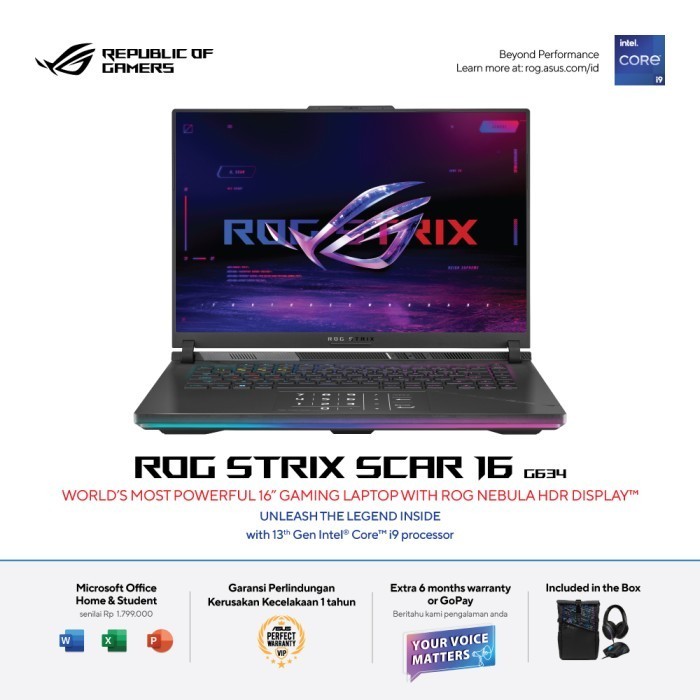 Jual ASUS ROG Strix SCAR 16 G634JZ-I948M6T-O i9-13980HX RTX4080 32GB 2TB SSD 16" QHD+ W11 OHS - Off Black - 32GB, 2TB | Shopee Indonesia