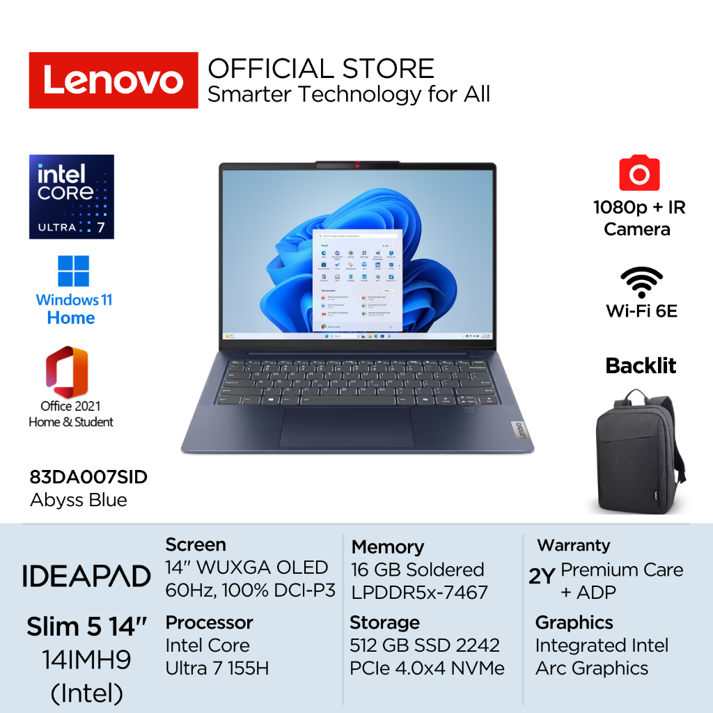 Jual Lenovo IdeaPad Slim 5i 14IMH9 Intel Core Ultra 7 155H Win11 16GB 512GB SSD 14" WUXGA OLED 400nits 60Hz 100% DCI-P3 Integrated Arc OHS 7SID 7TID Backlit 1080p+IR Laptop 14inch Tipis Mil-Spec Garansi Resmi Blue 83DA007SID Grey 83DA007TID Windows Office