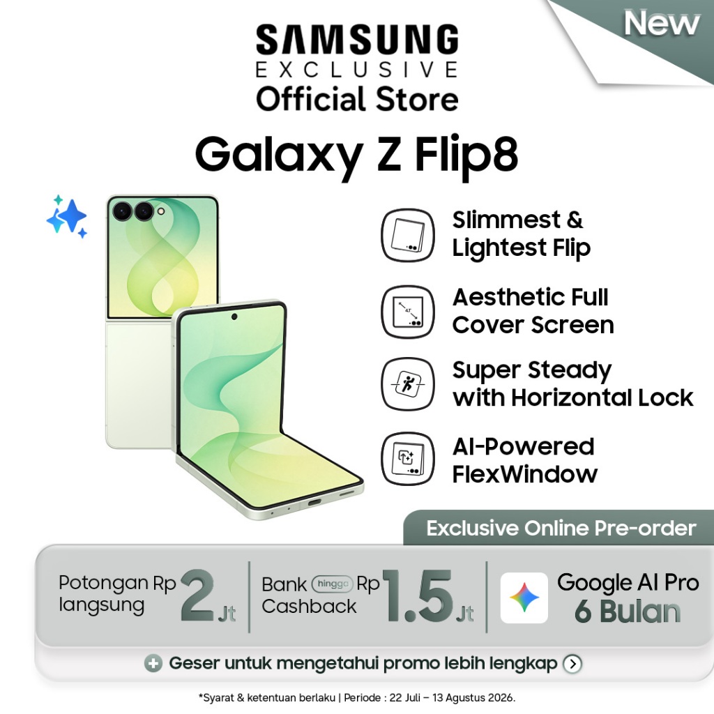Jual Samsung Galaxy Z Flip8 [12GB/256GB] - Mint (Online Exclusive) | Hp AI | Desain Lebih Tipis | FlexCam | Shopee Indonesia