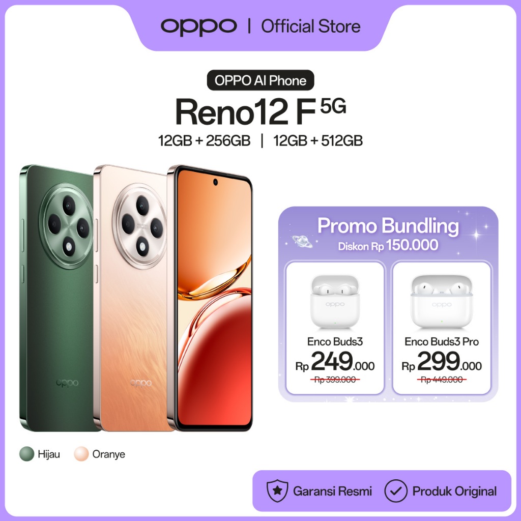 Jual OPPO Reno12 F 5G 12GB+256GB/512GB [AI Potrait Expert, All-Round Armour, Dimensity 6300, 45W SUPERVOOC 5000mAh] | Shopee Indonesia