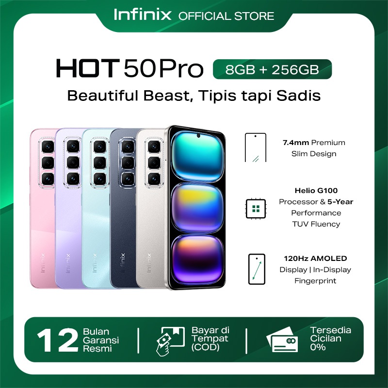 Jual Infinix Hot 50 Pro 8/256GB - Up to 16GB Extended RAM - Helio G100 - 6.78 inch 120Hz Amoled - 50MP - 5000 mAh - NFC | Shopee Indonesia