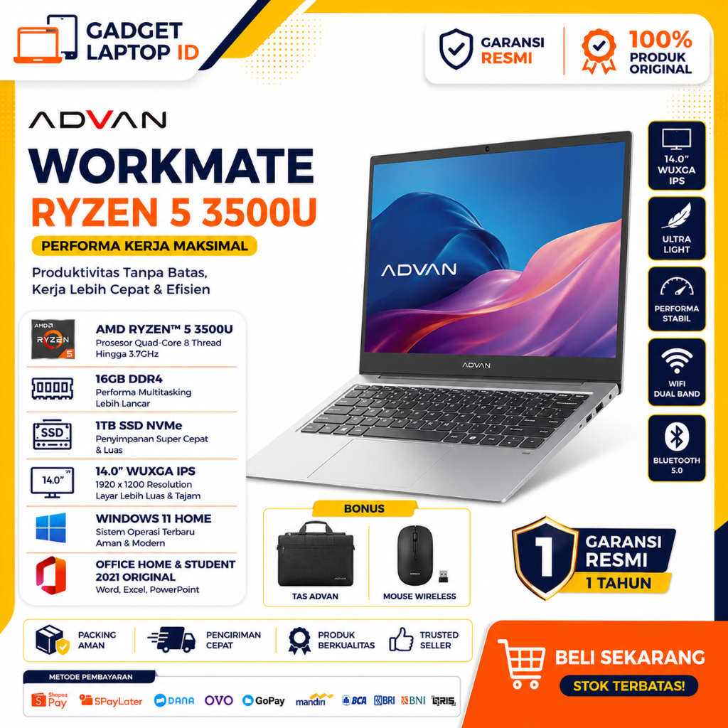 Jual LAPTOP ADVAN WORKMATE RYZEN 5 3500U RAM 8GB 256GB SSD INTEGRATED 14" FHD+ W11 | Shopee Indonesia