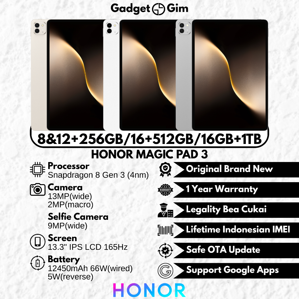 Jual Honor MagicPad 3 / Honor Magic Pad 3 Tablet 13.3 Inch 16GB 1TB Snapdragon 8 Gen 3 165Hz 12450mAh 66W | Shopee Indonesia