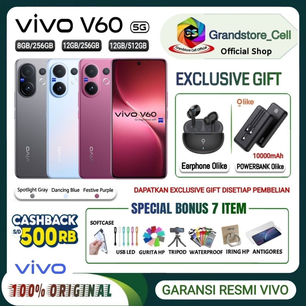 Jual VIVO V60 5G [8/256 GB] [12/256 GB] [12/512 GB] - Snapdragon 7 Gen 4, IP68+IP69, 50MP Zeiss Telephoto - GARANSI RESMI VIVO INDONESIA | Shopee Indonesia
