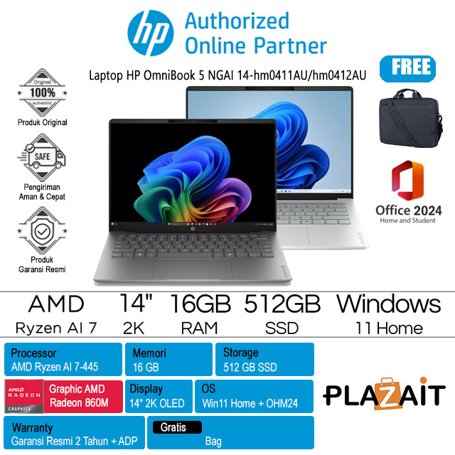 Jual HP Laptop OmniBook 5 NGAI 14-hm0411AU hm0412AU /AMD Ryzen AI 7-445/16GB/512GB SSD/AMD Radeon Graphics/14 2K OLED Touch/Win 11 Home+OH24+M365/2Y | Shopee Indonesia