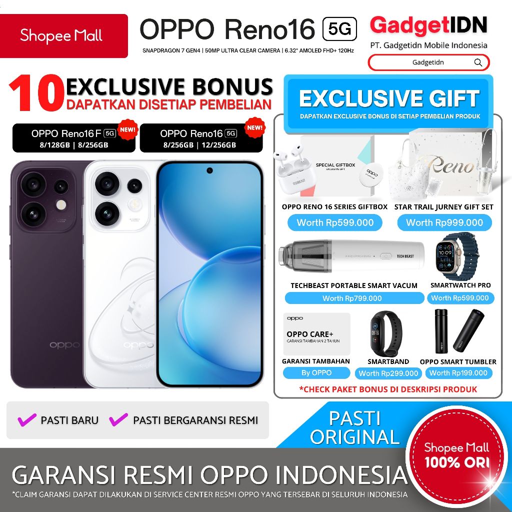 Jual OPPO RENO 16 5G 12/256GB ( +12GB Extended RAM ) Garansi Resmi OPPO RENO 16F | Shopee Indonesia