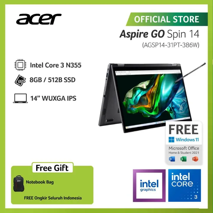 ACER LAPTOP 2 IN 1 ASPIRE GO SPIN 14 AGSP14-31PT-386W 14" WUXGA INTEL CORE 3 N355 RAM 8GB STORAGE 512GB SSD GRAPHICS INTEL UHD WINDOWS 11 | Lazada Indonesia