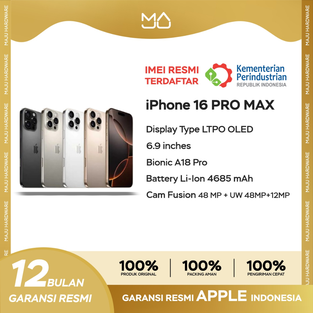 Jual Apple iPhone 16 Pro Max 512GB [Chip A18 Pro, iOS 18, Super Retina XDR 6,9 inci] - Garansi Resmi | Shopee Indonesia