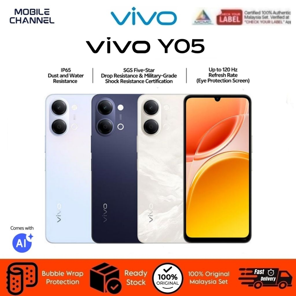 Vivo Y05 Smartphone 8GB(4+4GB) RAM + 64GB ROM | 6500mAh Battery | 6.74" 120Hz Display | 1-Year Vivo Malaysia Warranty