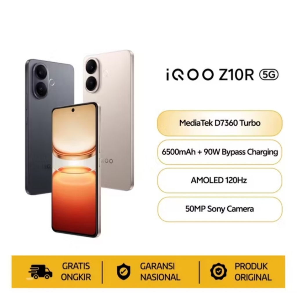 Jual iQOO Z10R 5G NFC (8*8GB/128GB - 8*8GB/256GB - 12*12GB/256GB) Dimensity 7360-Turbo - Sony IMX882 Kamera 50MP - Layar FHD+ 6.77"AMOLED 120Hz - BlueVolt Baterai 6500mAh - 90W FlashCharge Garansi Resmi 1 Tahun | Shopee Indonesia