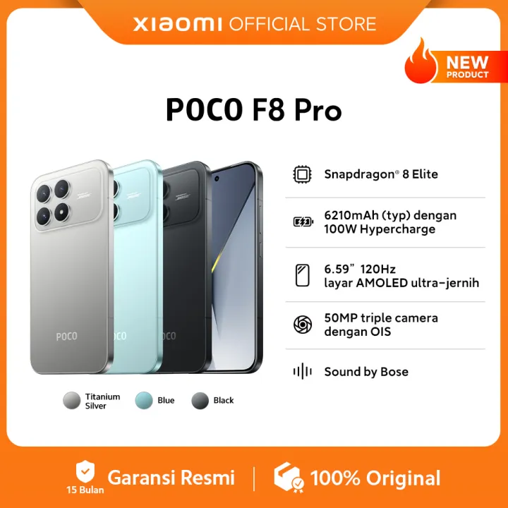 POCO F8 Pro (12/512GB) | Snapdragon® 8 Elite | 6210mAh (typ) dengan 100W Hypercharge | 6.59" 120HZ layar AMOLED ultra-jernih | 50MP triple camera dengan OIS [Xiaomi Official Store] | Lazada Indonesia