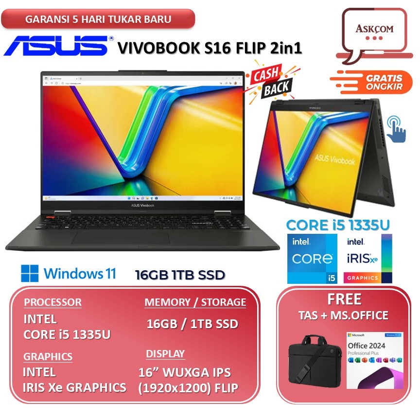 Jual Asus VivoBook S16 Flip Touchscreen TP3604VA Intel Core i5 1355U 16GB 1TB SSD 16.1FHD IPS Windows 11 | Shopee Indonesia
