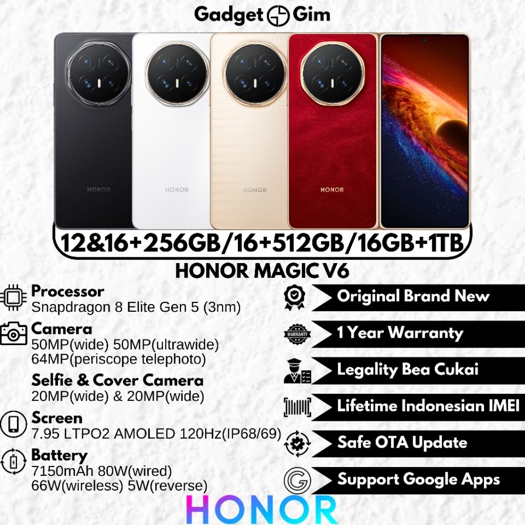 Jual Honor Magic V6 Fold 5G 16GB 1TB Snapdragon 8 Elite Gen 5 64MP 120Hz 7150mAh 80W IP68/69 BNIB Garansi | Shopee Indonesia