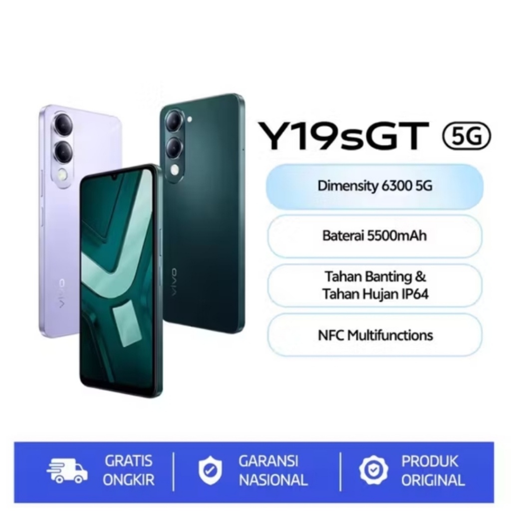 Jual vivo Y19sGT 5G NFC (6/128GB - 8/128GB - 8/256GB) Extended RAM - Dimensity 6300 5G - MIL-STD 810H Tahan Banting - Li-Ion 5500 mAh Garansi Resmi 1 Tahun | Shopee Indonesia