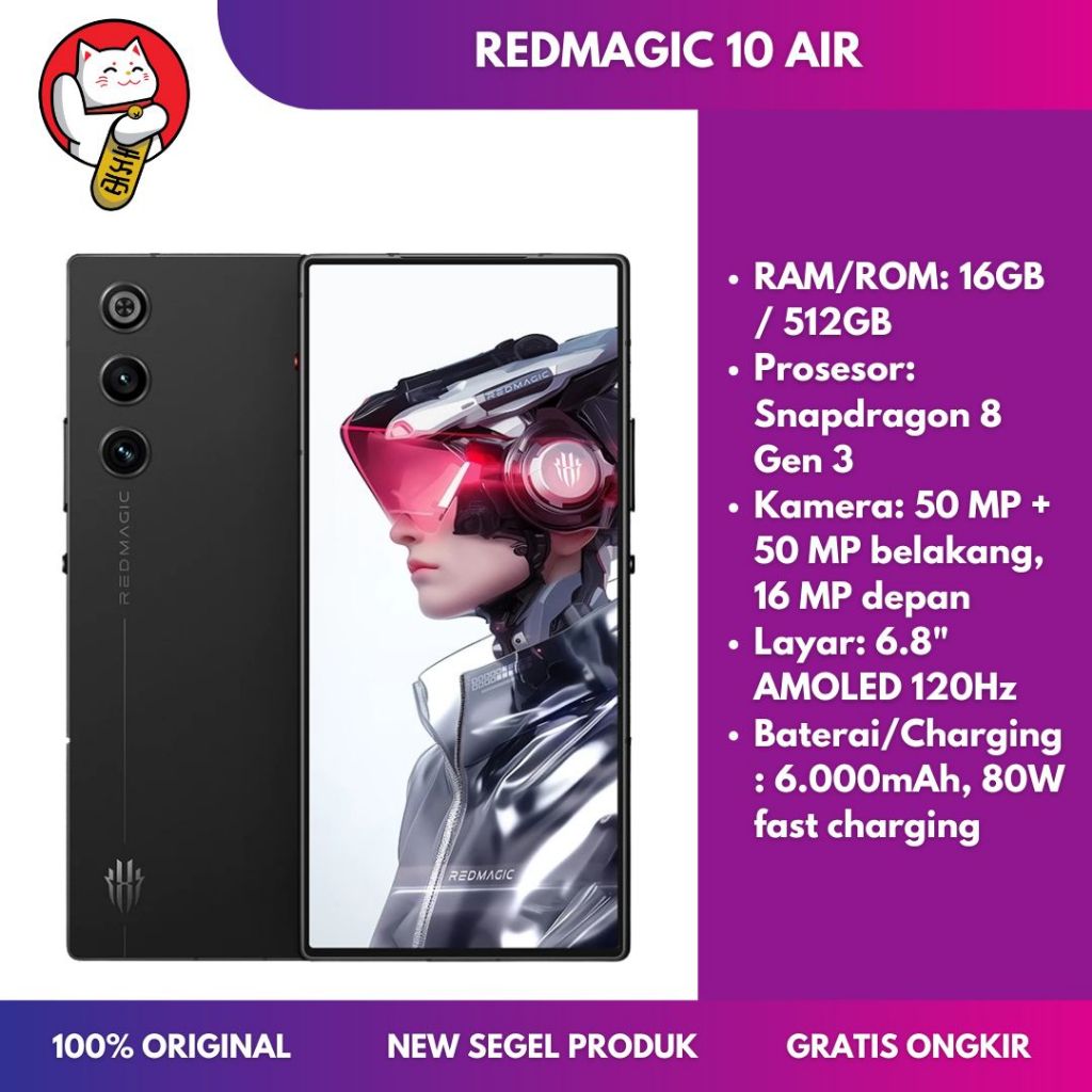 Jual REDMAGIC 10 AIR 5G | Global ROM 16GB/512GB | Snapdragon 8 Gen 3 | Baterai 6.000mAh 80W | Layar 6.8" AMOLED 120Hz | Android 15 | Shopee Indonesia