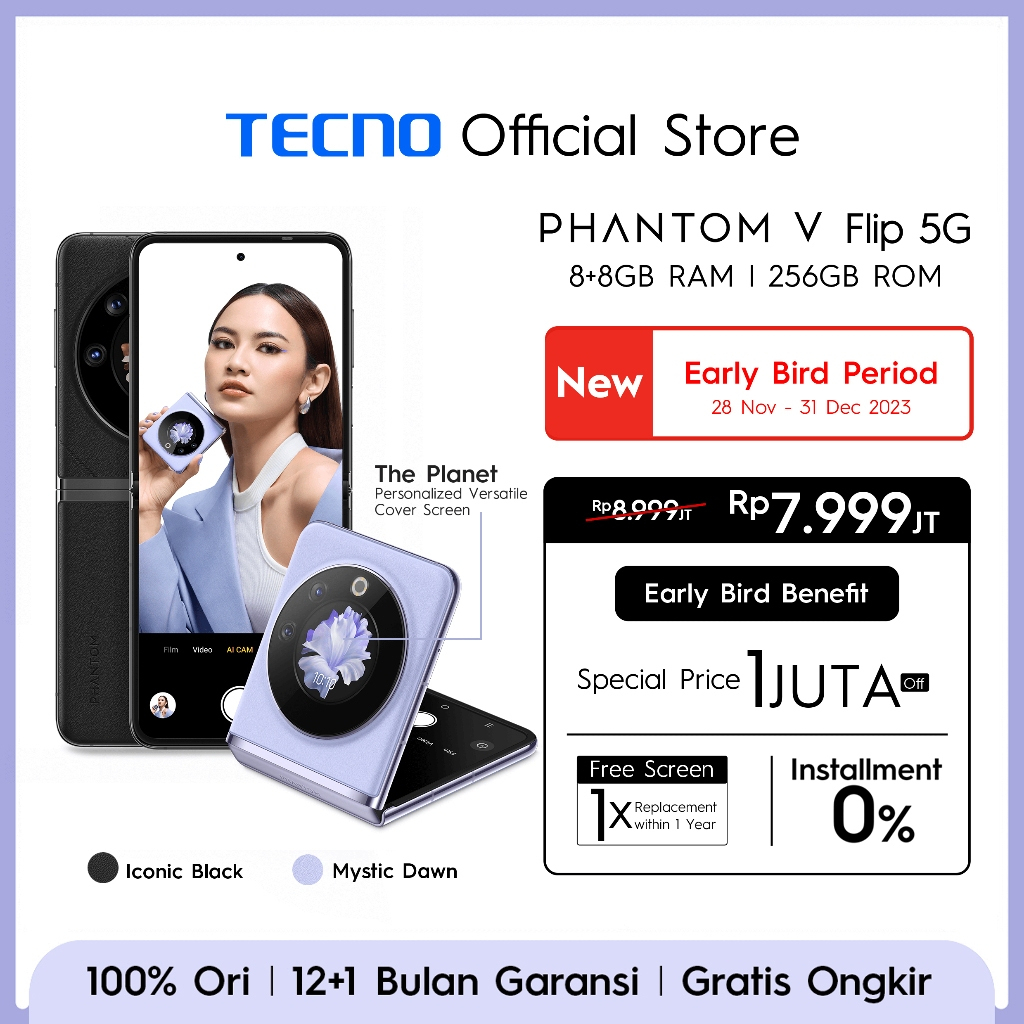 Jual TECNO PHANTOM V Flip 5G - 8+8GB*+256GB, 64MP Ultra-clear Cam, 120Hz Screen, 4000mAh+45W Flash Charging, NFC | Shopee Indonesia
